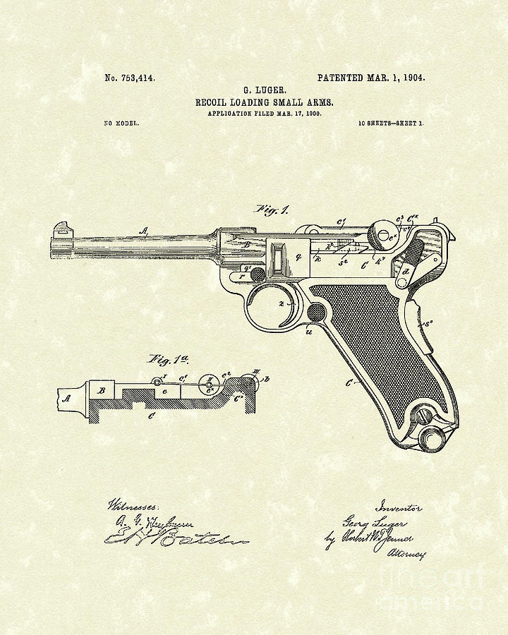 Luger Handgun 1904 Patent Art Drawing by Prior Art Design