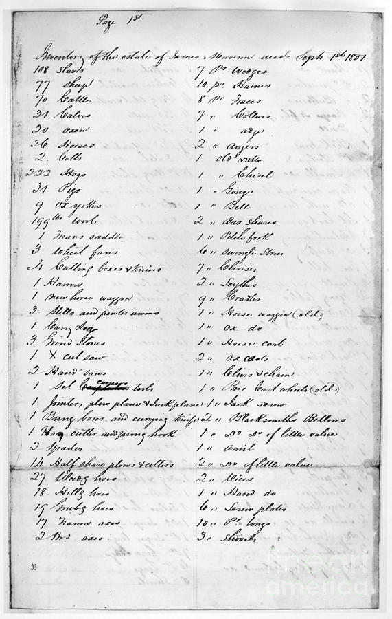 Madison: Inventory, 1807 Photograph by Granger