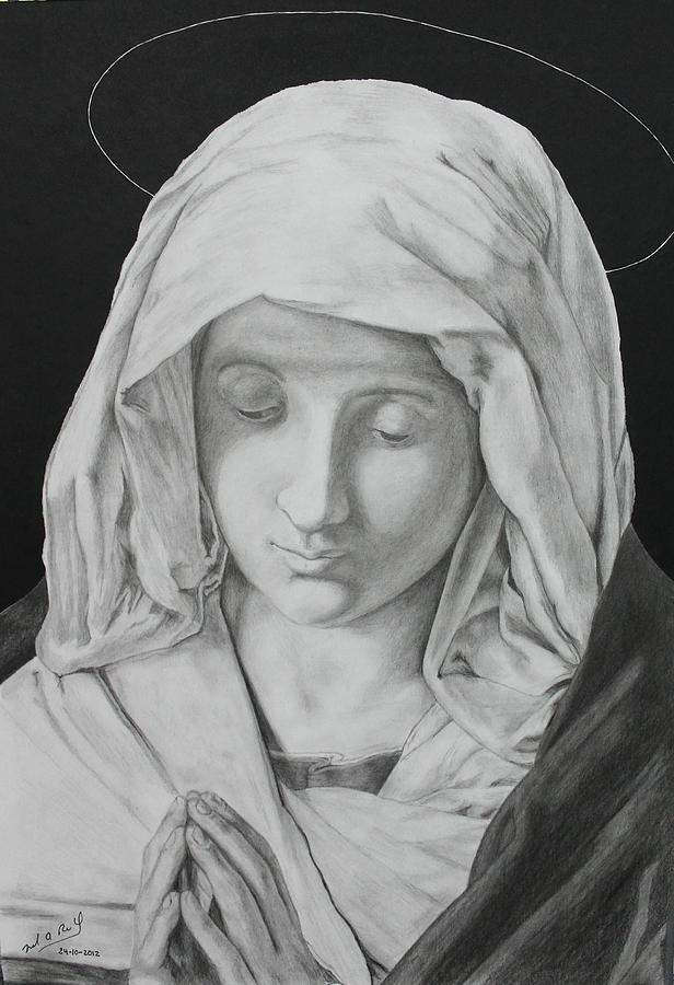 Madonna Drawing - Madonna at Prayer by Miguel Rodriguez