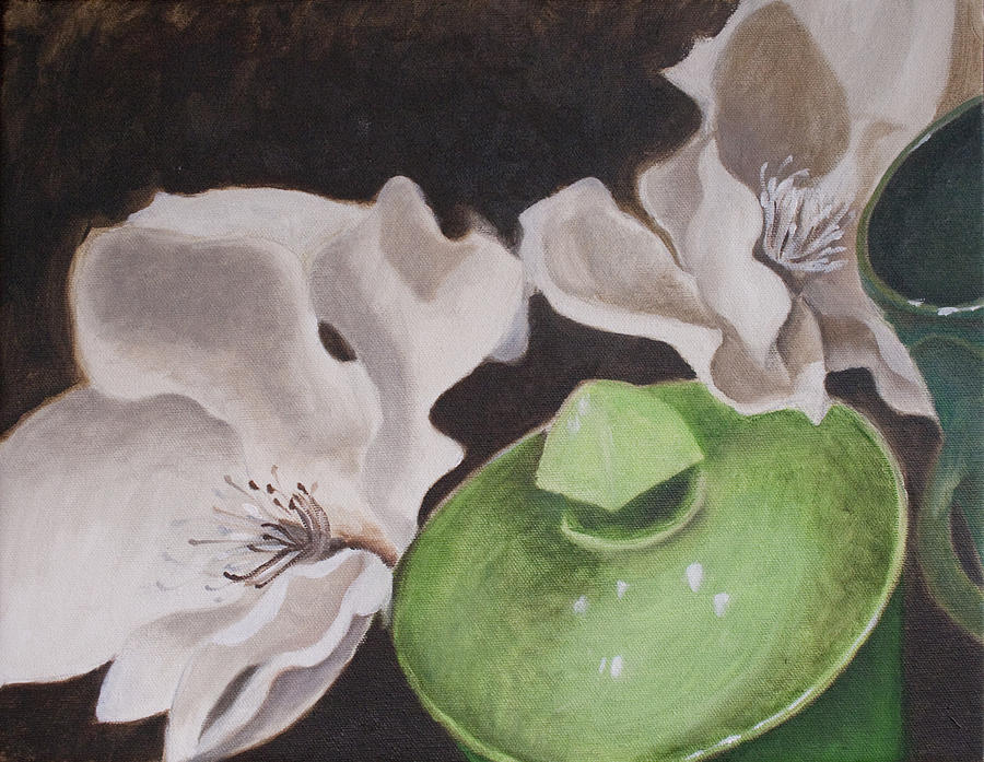 Magnolias with green sugar bowl Painting by Jaime Haney