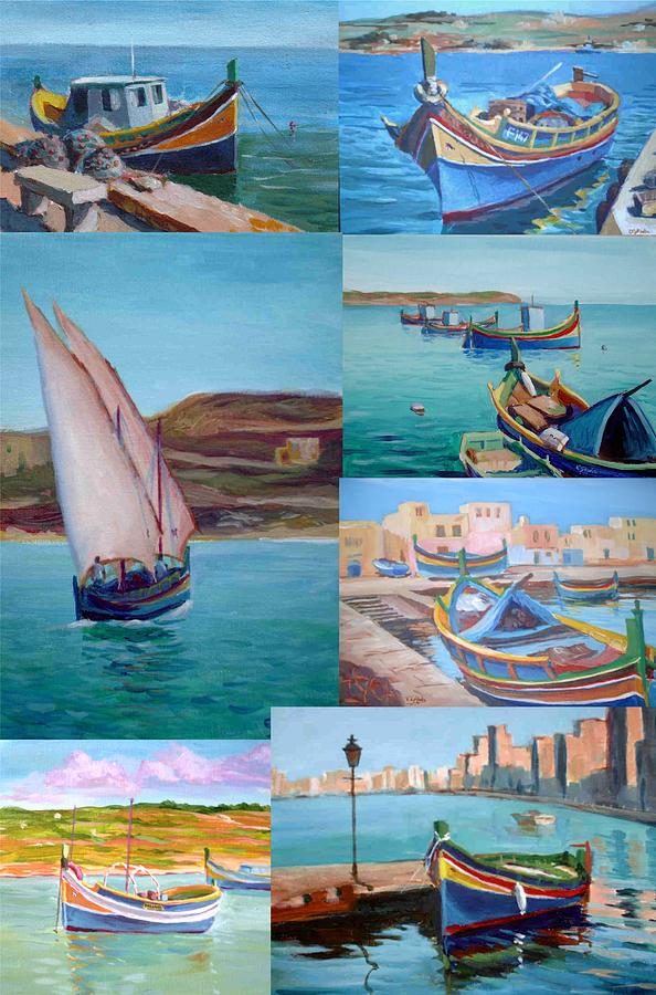 Maltese Fishing Boat Painting - Maltese Boats by Edward Abela