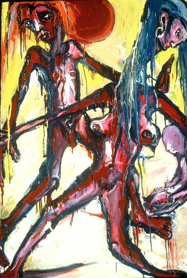 Nude Painting - Man  Woman And Infant Before A Setting Sun by Kenneth Agnello