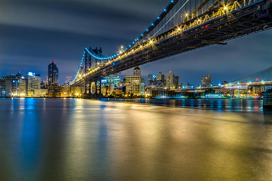 Manhattan Bridge and Downtown Brooklyn at night. Photograph by Val Black Russian Tourchin