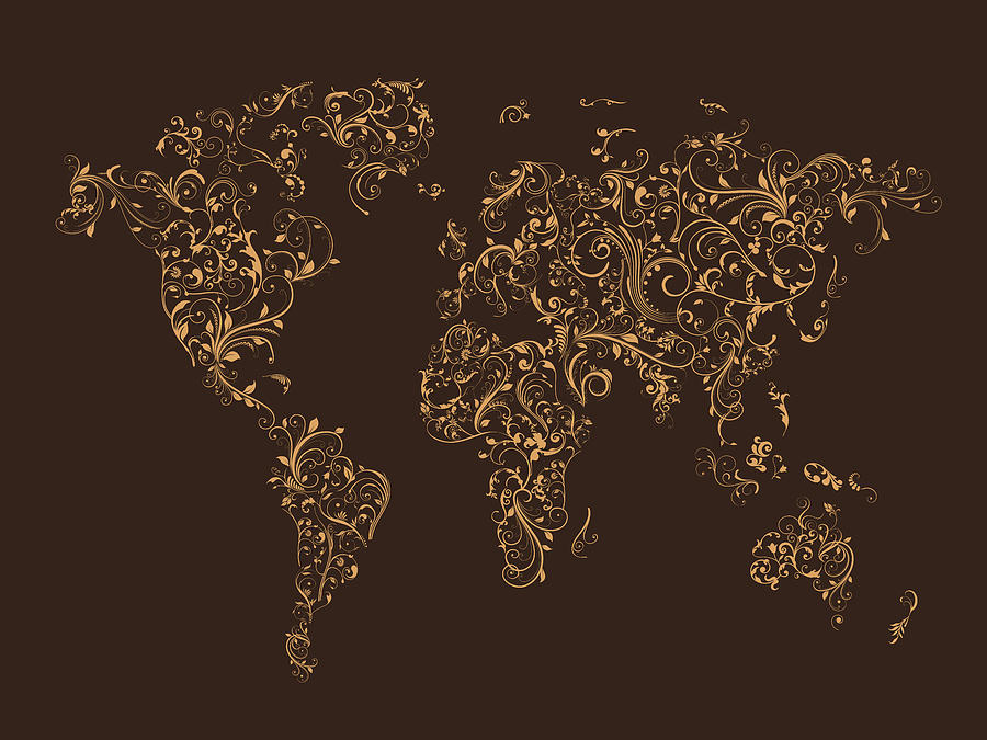 World Map Digital Art - Map of the World Map Floral Swirls by Michael Tompsett