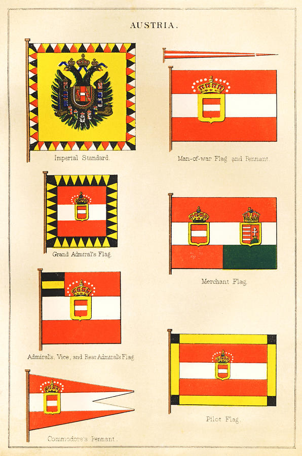 Vintage Drawing - Maritime Flags of Austria circa 1876 by Steven Wynn