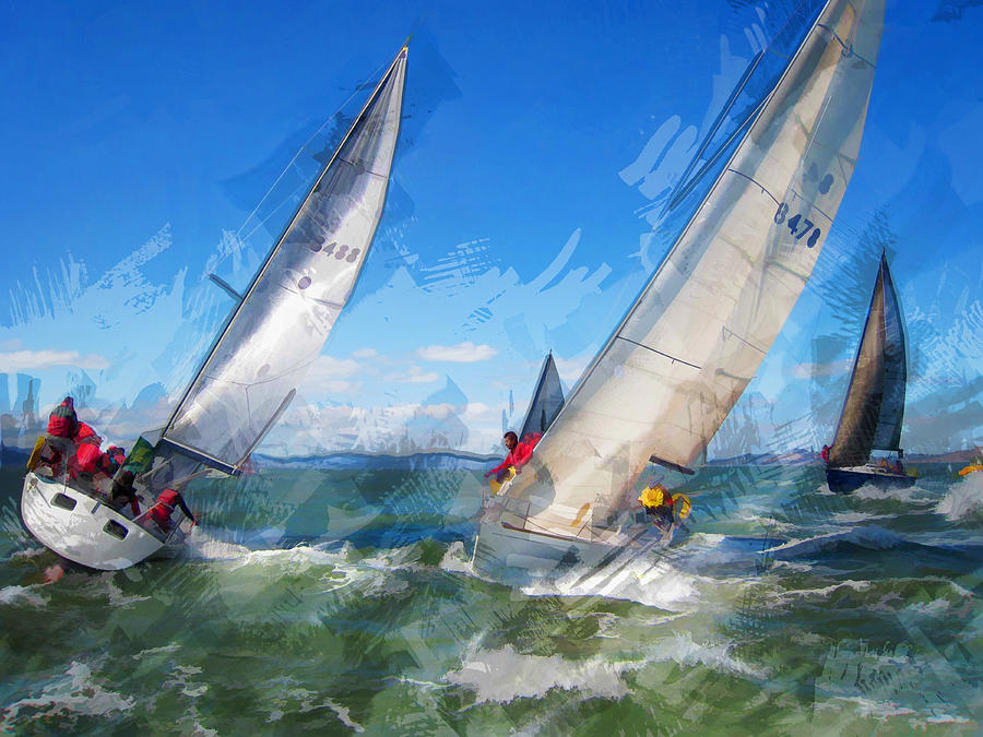 Boat Painting - Marker Sketch of Sailboats Turning by Elaine Plesser