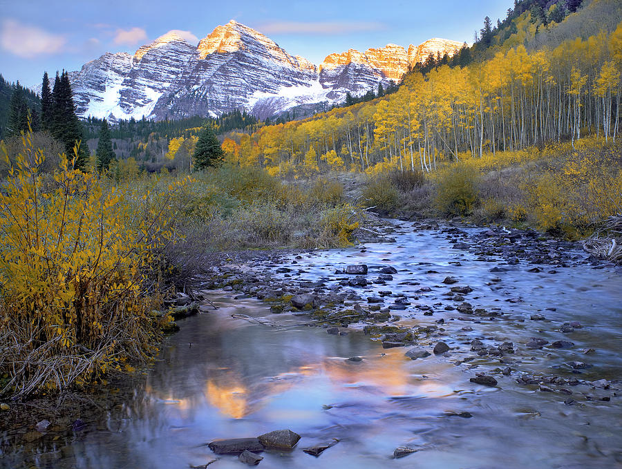 Maroon Bells And Maroon Creek In Autumn Photograph by Tim Fitzharris