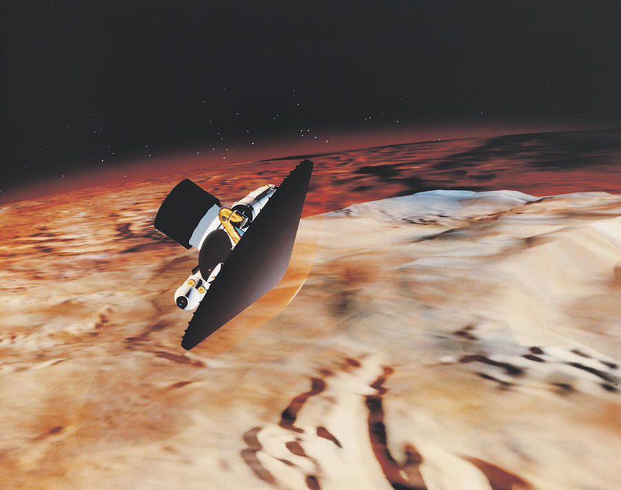 Mars Piloted Vehicle Performing An Aerobrake Maneuver Over Mars (computer Generated Image) Photograph by Stockbyte