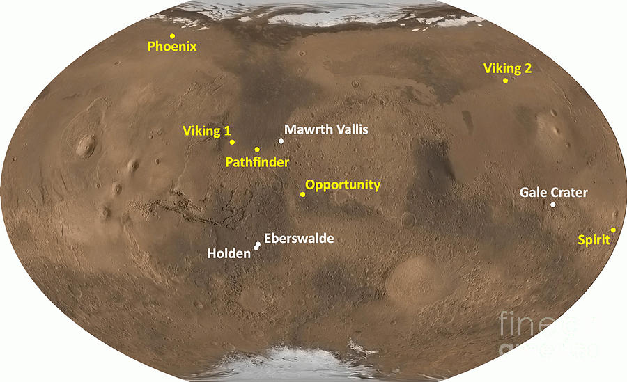 Mars With Rover Landing Sites Photograph by NASA/Science Source