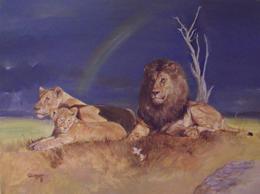 Lion Painting - Marsh Lions After The Rain by Belita William