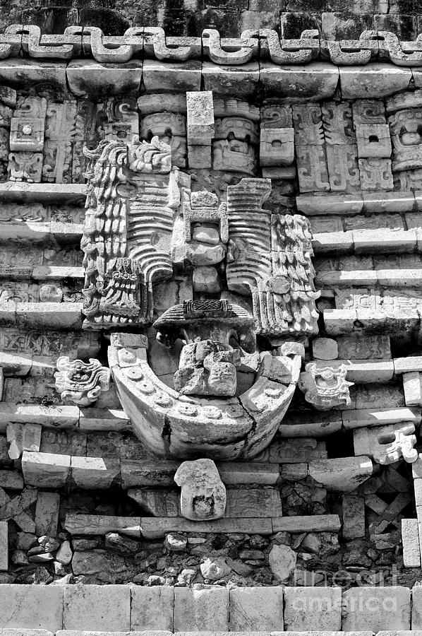 Mayan Architectural Details at Uxmal Mexico Black and White Photograph by Shawn OBrien
