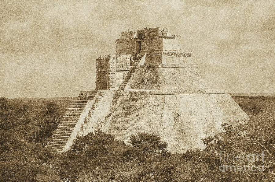 Mayan Pyramid of the Magician at Uxmal Mexico Vintage Digital Art by Shawn OBrien