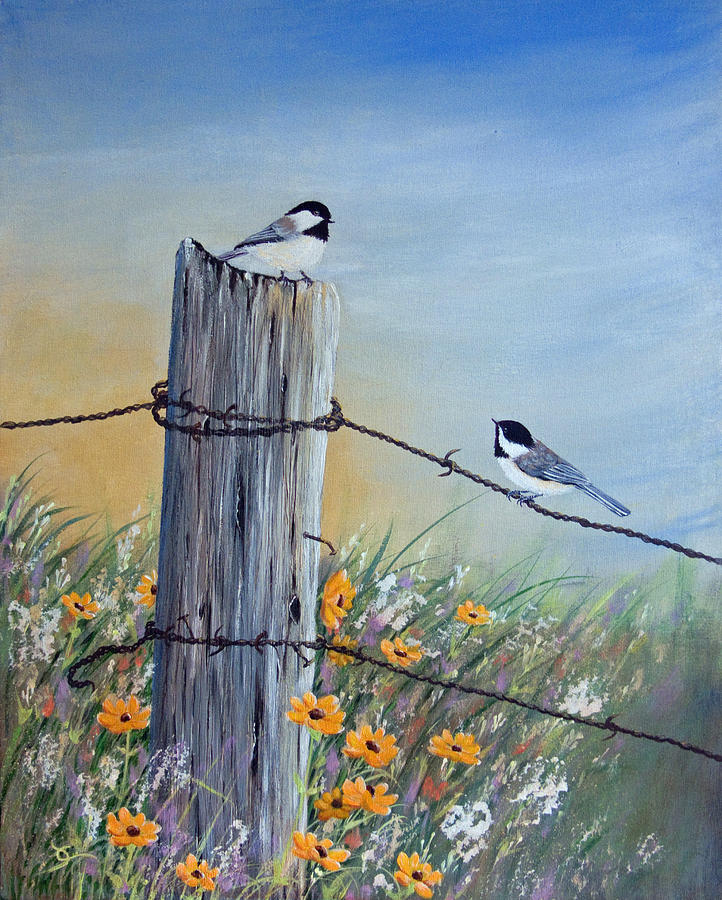 Chickadee Painting - Meeting at the Old Fence Post by Dee Carpenter