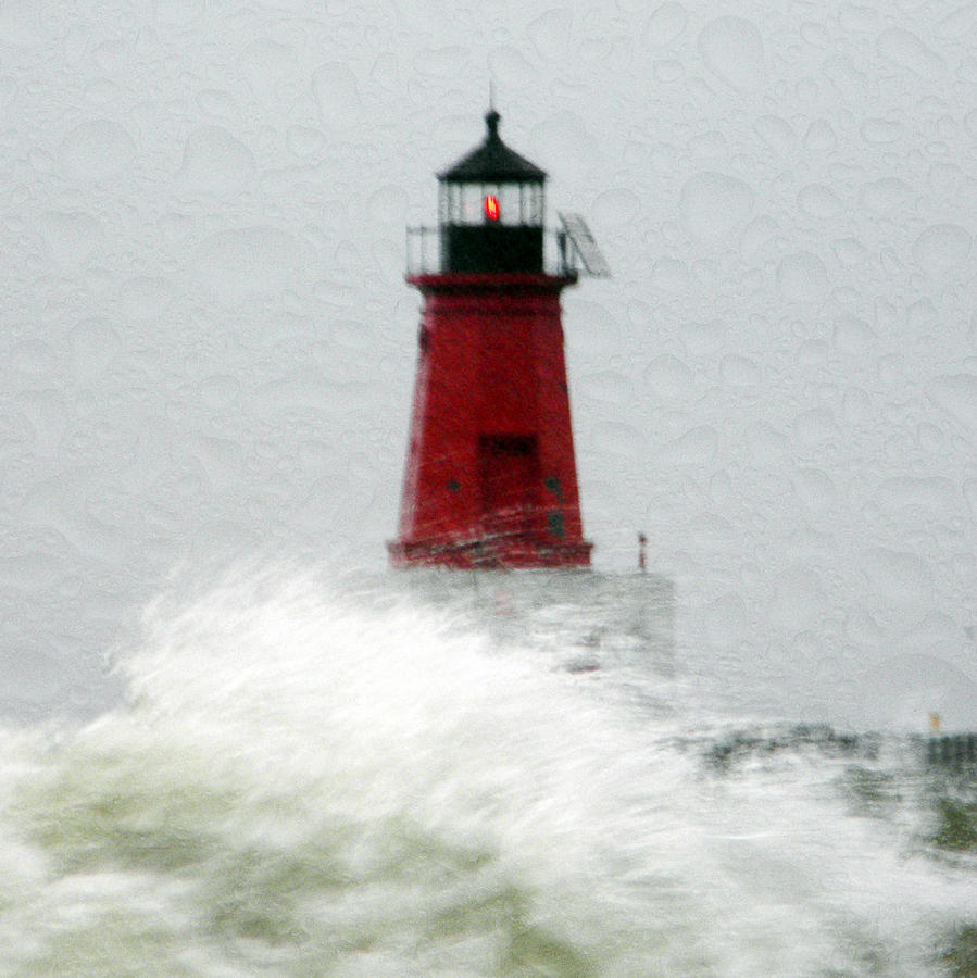 Menominee Lighthouse Wave Crash with Droplets Photograph by Mark J Seefeldt