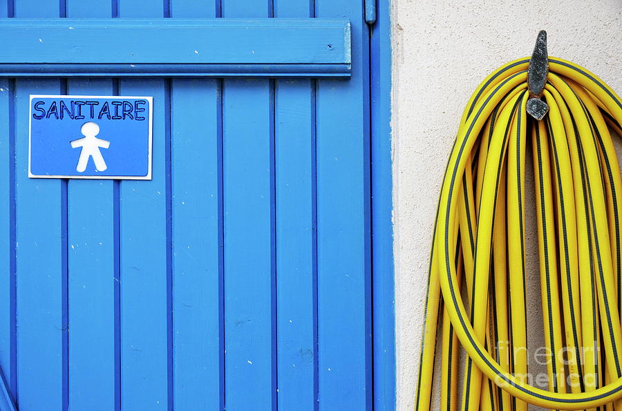 Routine Photograph - Mens closed bathroom door and hose by Sami Sarkis