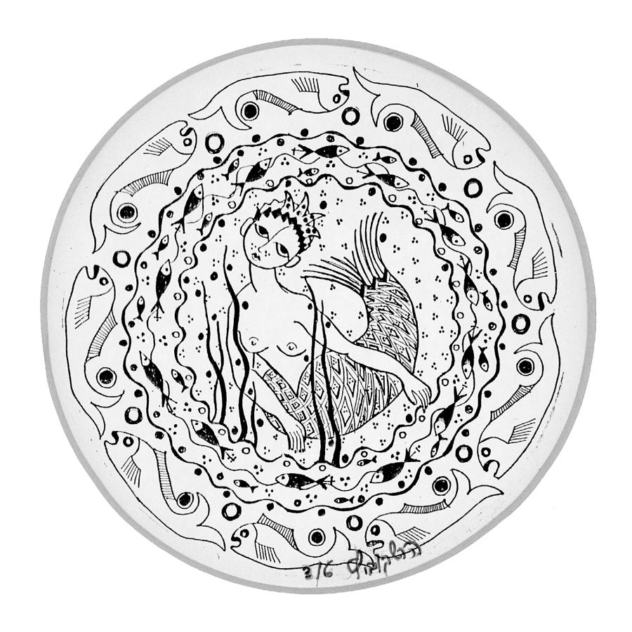 Mermaid in black and white round circle with water fish tail face hands  Drawing by Rachel Hershkovitz