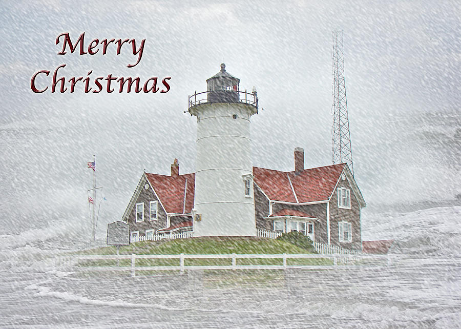 Merry Christmas Card - Nobska Point Lighthouse MA Photograph by Carol Senske