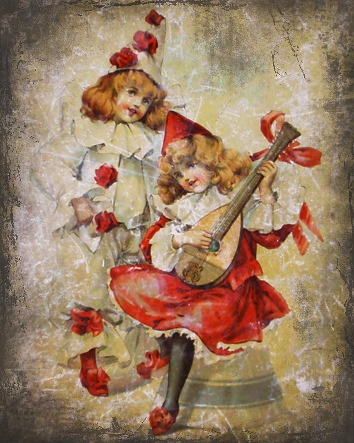 Merry Making Antique Girls In Red and White Grunge Photograph by Kathy Clark