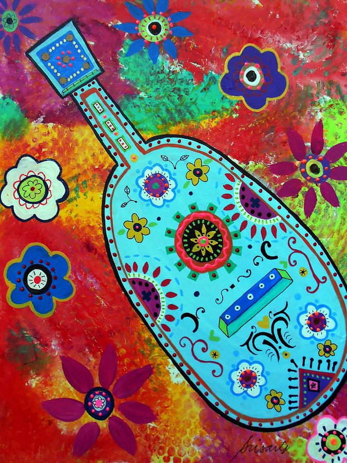 Mexican Folk Art Guitar Painting by Pristine Cartera Turkus