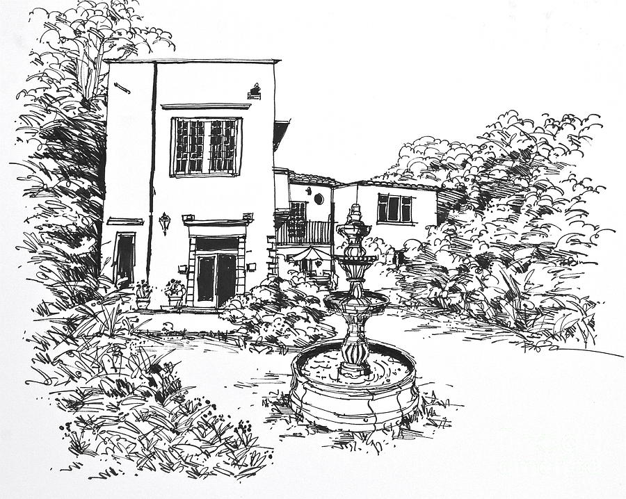 Mexico City San Angel The Peter Economidas Residence Back Yard Drawing by Robert Birkenes