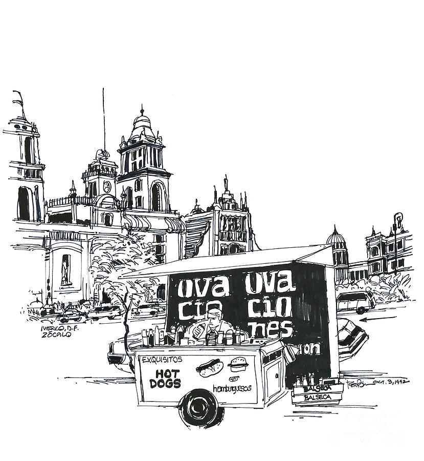 Mexico City Zocalo with Hot Dog Stand Drawing by Robert Birkenes