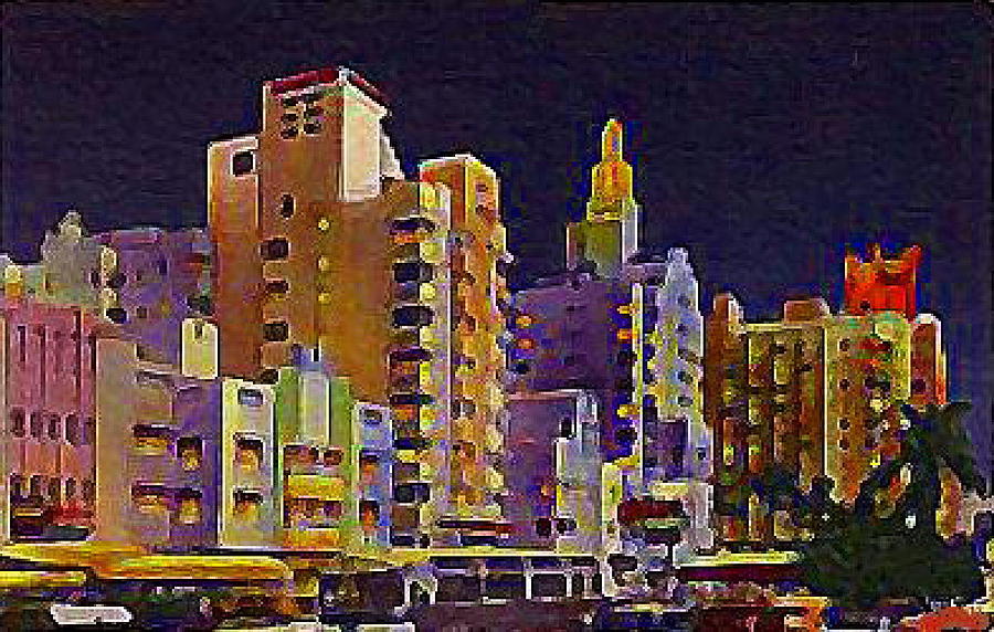 Skyline Painting - Miami Hotels At Night 1950 by Dwight Goss
