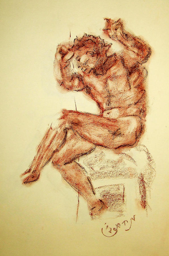 Michelangelo Sketch in Terra Cotta Chalk Drawing on Textured Paper of Nude Male Sistine Chapel Drawing by MendyZ M Zimmerman