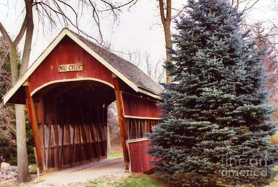 Michigan Red Covered Bridge Nature Landscape Winter Trees Red Bridge Photograph by Kathy Fornal