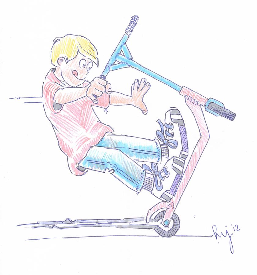 Micro Scooter Wheelie Cartoon Photograph by Mike Jory