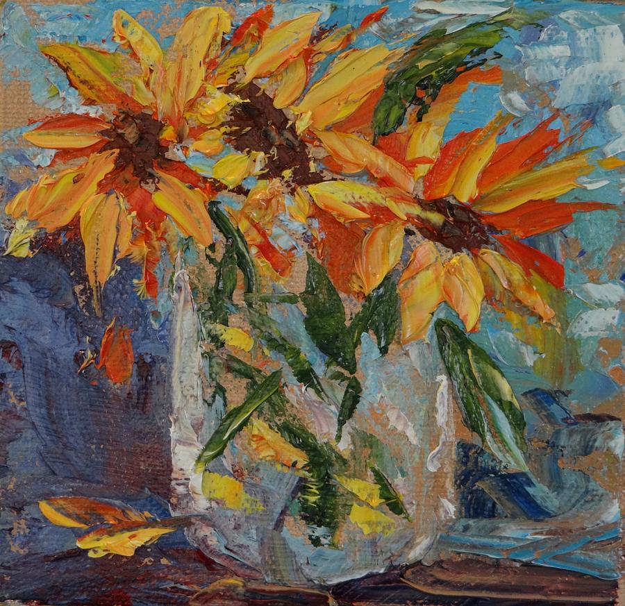 Mini Sunflowers in a Mason Jar Painting by Carol Berning