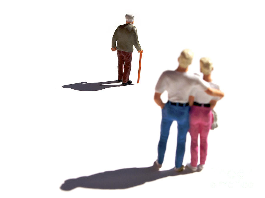 Miniature figurines couple watching elderly man by Bernard Jaubert