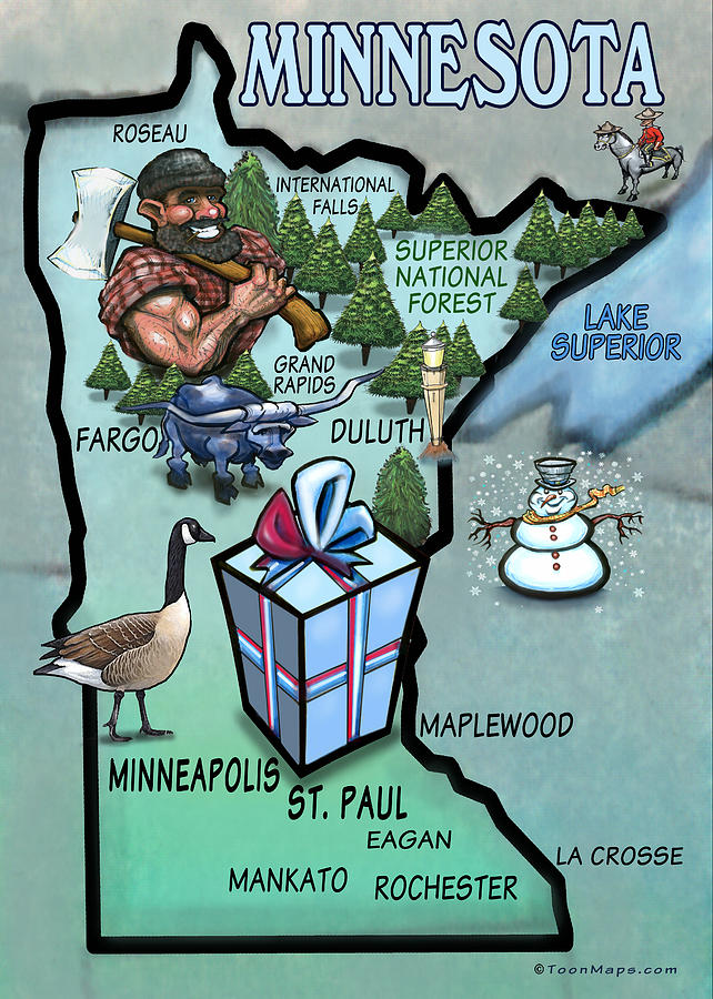 Minnesota Cartoon Map Painting by Kevin Middleton