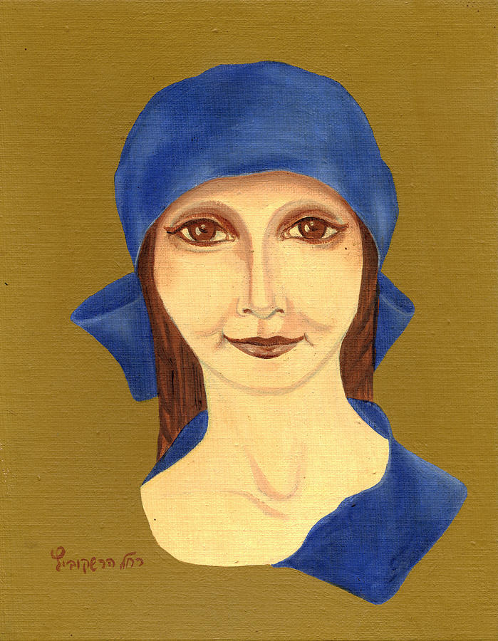 Miriam the good woman in blue head cover  and brown background large eyes ribbon neck bones  Painting by Rachel Hershkovitz