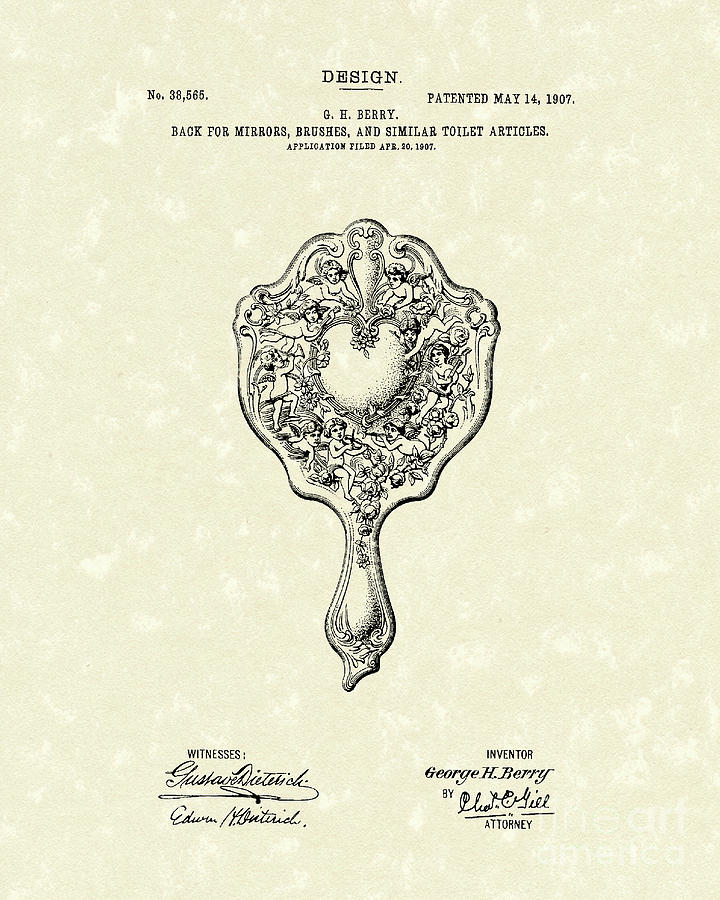Brush Drawing - Mirror Back Design I V 1907 Patent Art by Prior Art Design