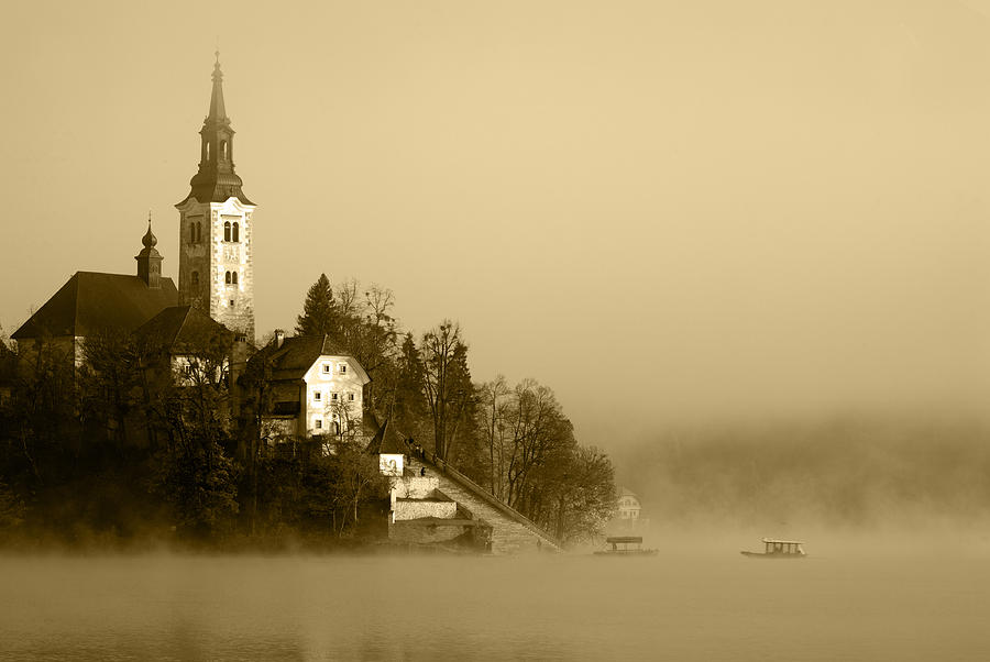 Misty Lake Bled in Sepia Photograph by Ian Middleton
