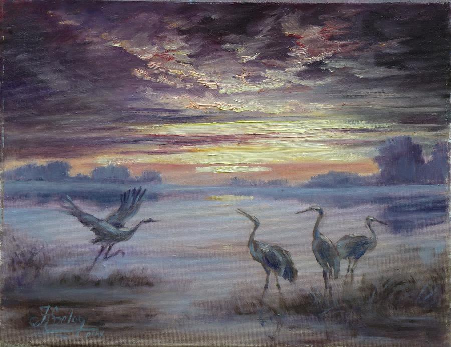 Misty morning with cranes Painting by Irek Szelag