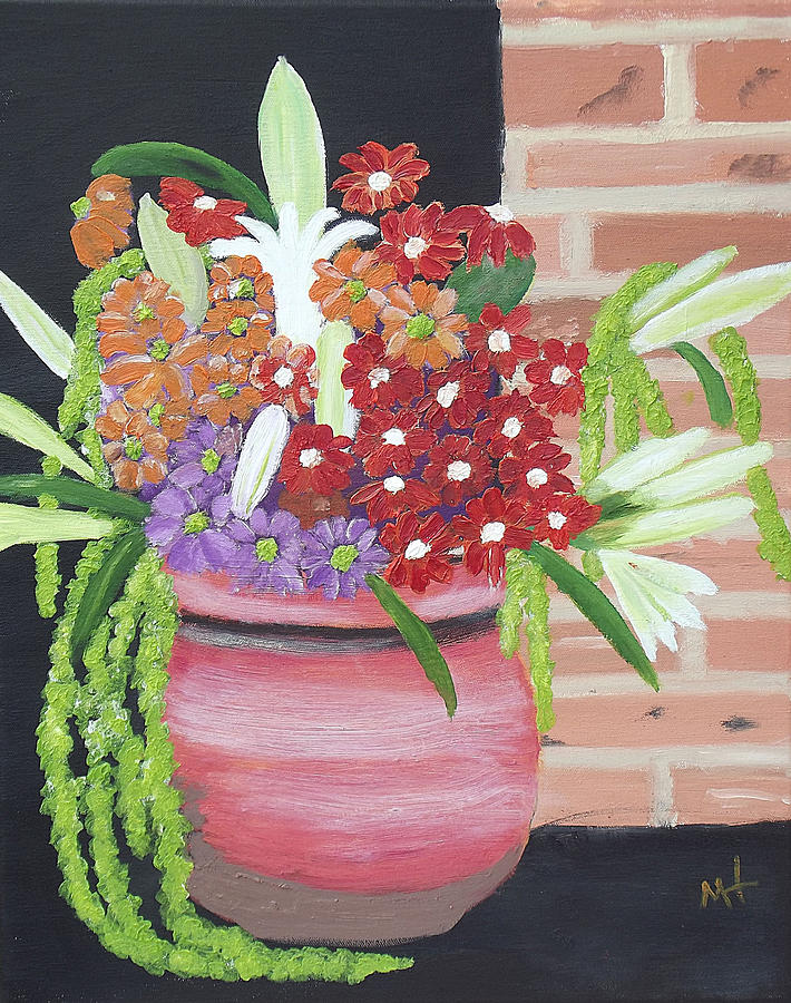 Mixed Flowers in Orange Crock Painting by Margaret Harmon