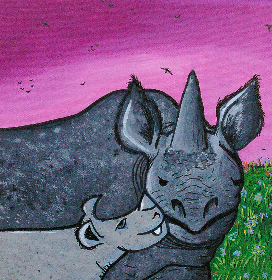 Sunset Painting - Momma and Baby Rhino by Jera Sky