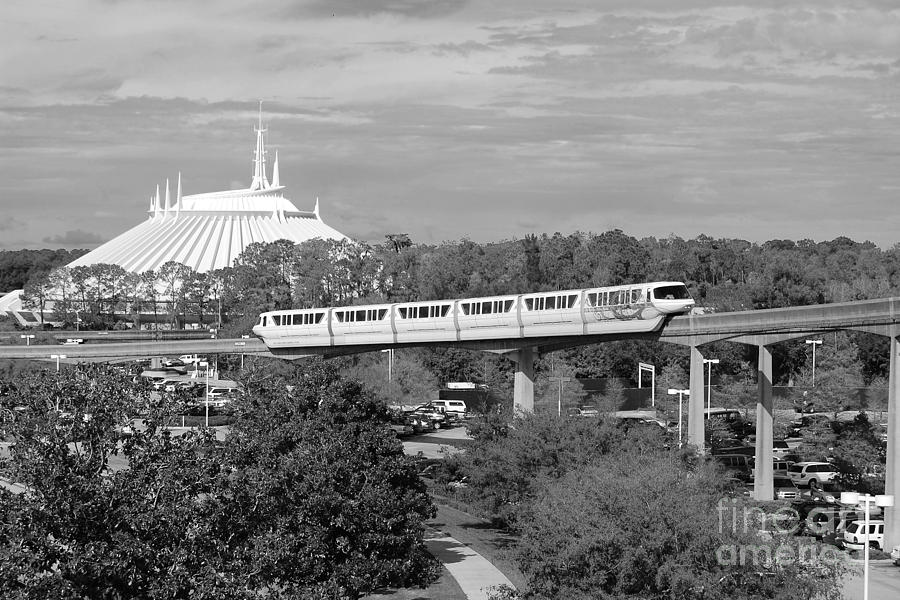 Monorail and Space Mountain Magic Kingdom Walt Disney World Prints Black and White Photograph by Shawn OBrien