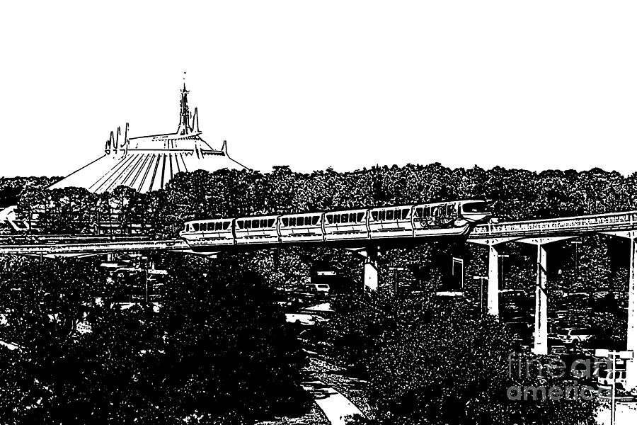 Monorail and Space Mountain Magic Kingdom Walt Disney World Prints Black and White Stamp Digital Art by Shawn OBrien