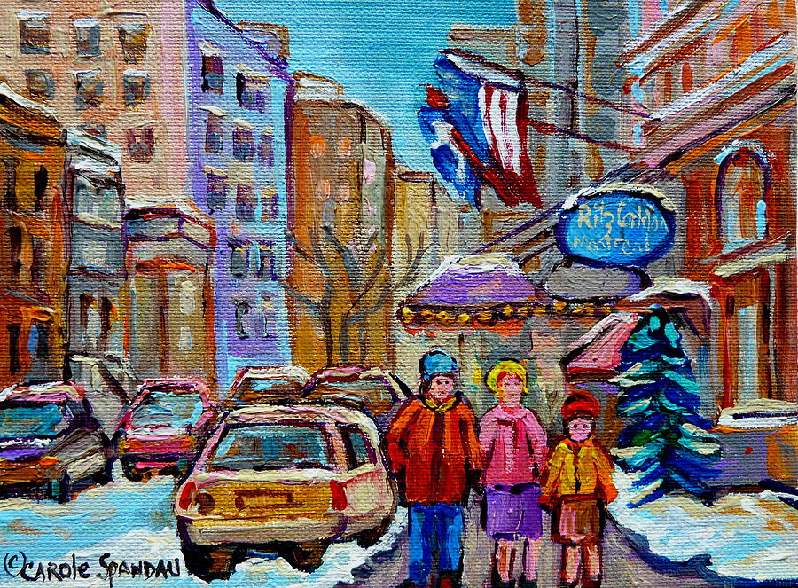 Montreal Street Scenes In Winter Painting by Carole Spandau