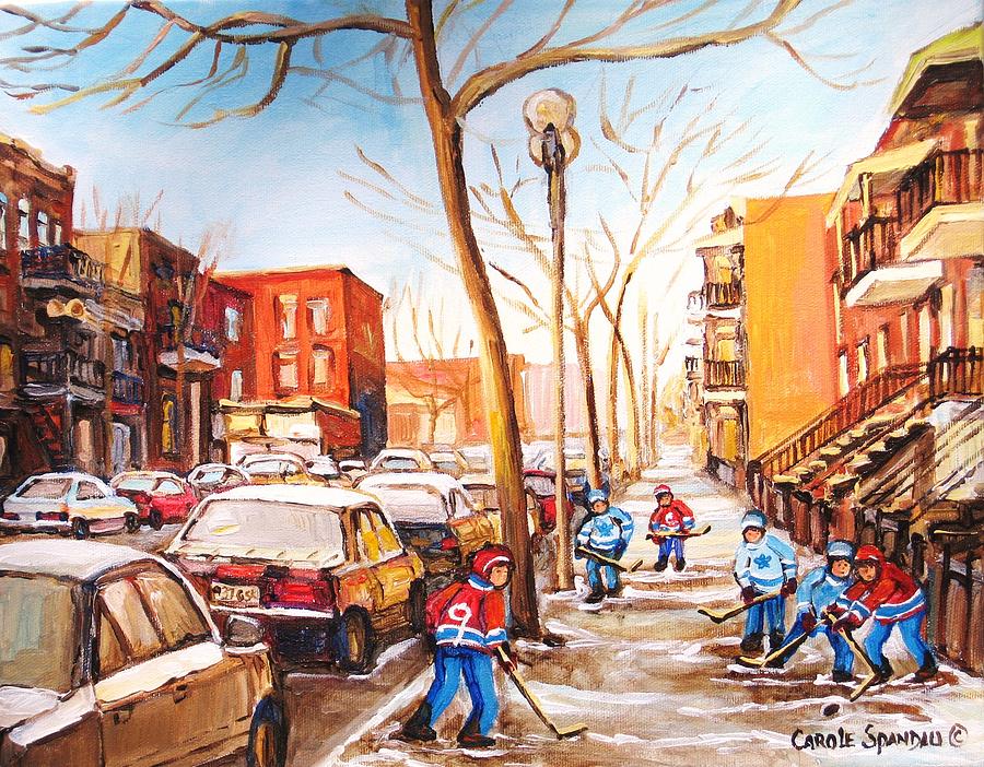 Montreal street with six boys playing hockey Painting by Carole Spandau