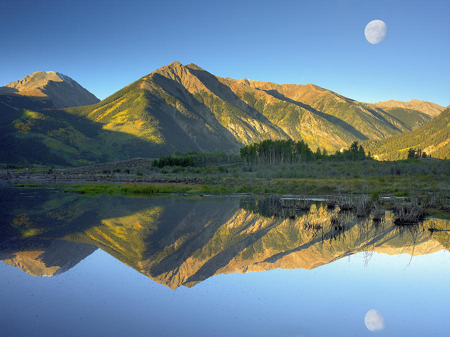 Moon And Twin Peaks Reflected In Lake Photograph by Tim Fitzharris