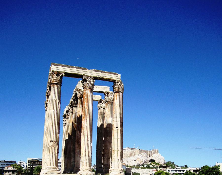 Moon Over Corinthian Columns of the Temple of Olympian Zeus Acropolis in Background Athens Greece Photograph by John Shiron