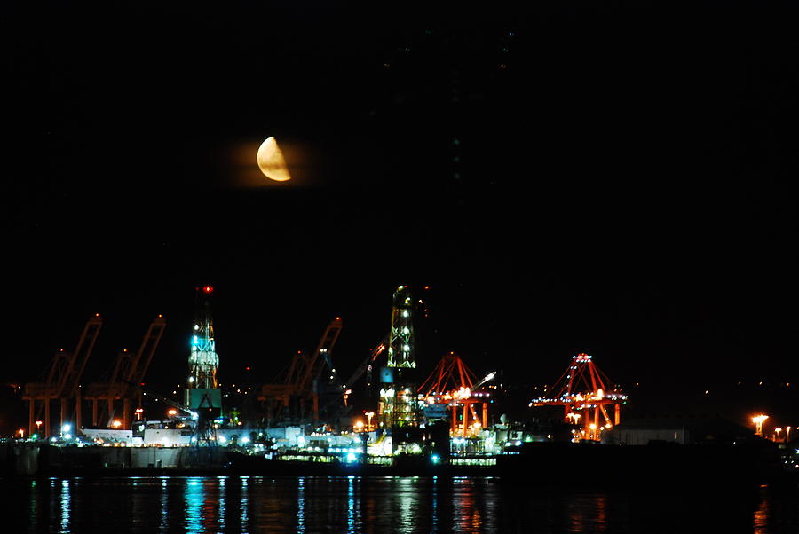 Moon Over Harbor Island-Seattle Photograph by Michael Merry