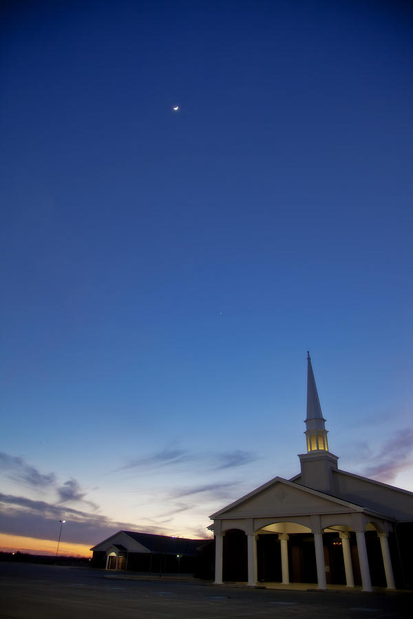 Moon over steeple at New Hope Baptist Church West Duncan Oklahoma Photograph by Toni Hopper
