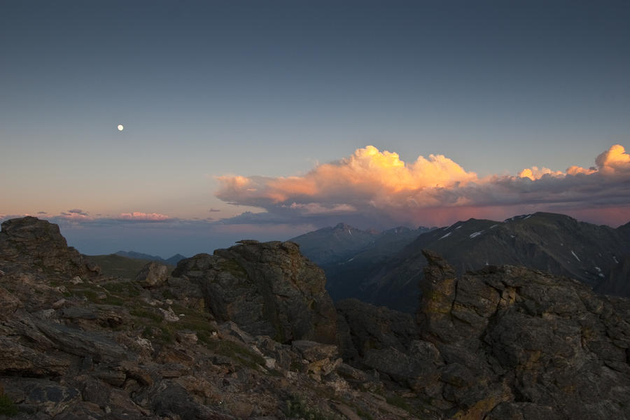 Sunset Photograph - Moon Storm Sunset and Longs Peak by G Wigler Sunset Photograph - Moon Storm Sunset and Longs Peak by G Wigler