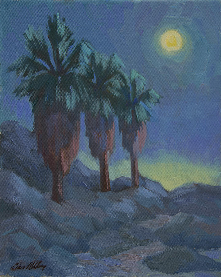 Moonrise and Three Palms Painting by Diane McClary