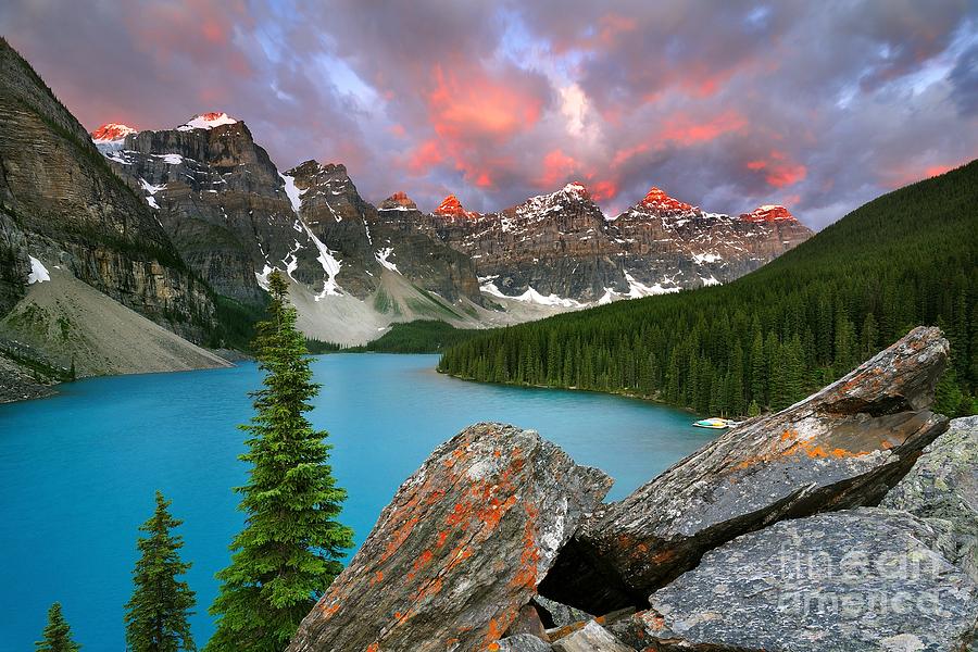 Colorful Sunrise at Moraine Lake in Banff National Park Photograph by Tom Schwabel