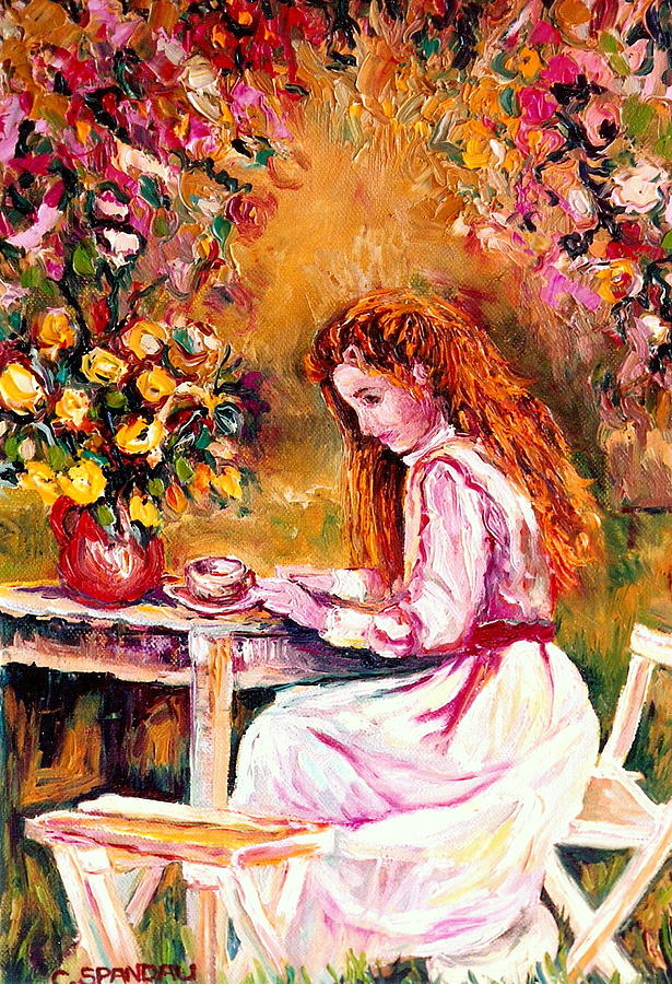 Rose Painting - Morning Coffee In The Garden Westmount Quebec Summer City Scene Montreal Art by Carole Spandau